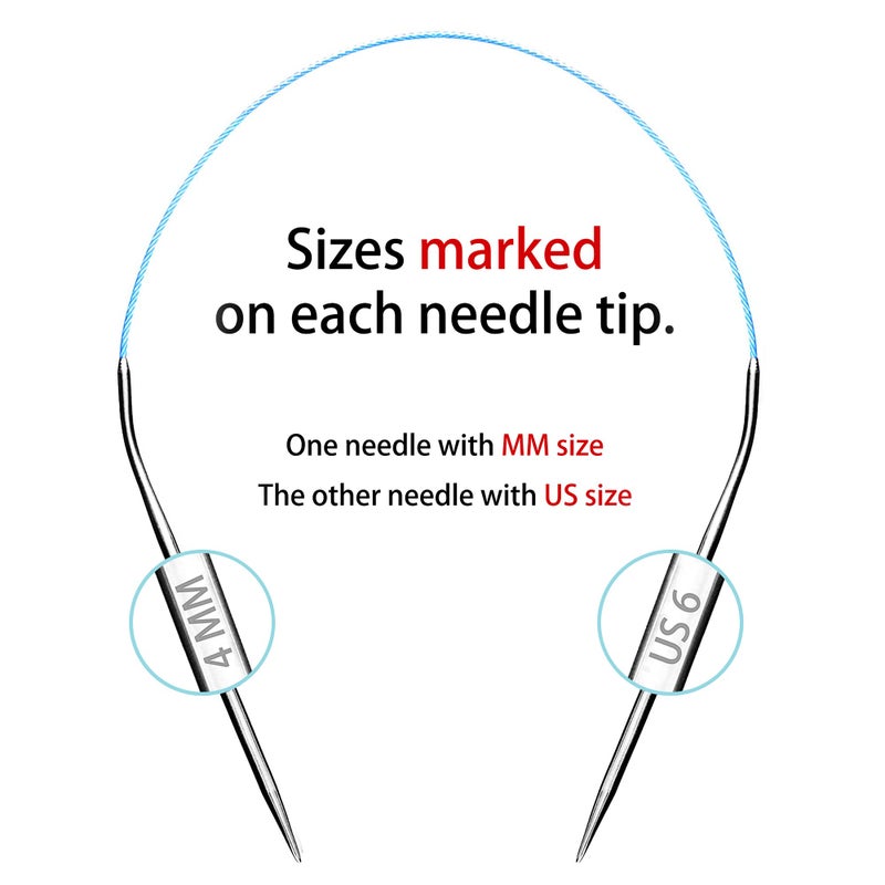 cuteDIY Size 6 Circular Knitting Needles 16 Inch Set Round Metal Kit (Etched US&mm, Color-Coded Cable, Smooth Join) - Image 3
